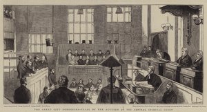 De grote stadsvervalsingen, proces van de beschuldigden in het Central Criminal Court door Alfred Chantrey Corbould